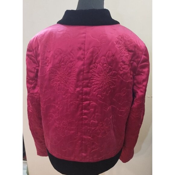 VTG 90s Susan Bristol Red Silk Quilted Button Up Jacket w Velvet Trim Sz 12 Goth - Picture 2 of 5